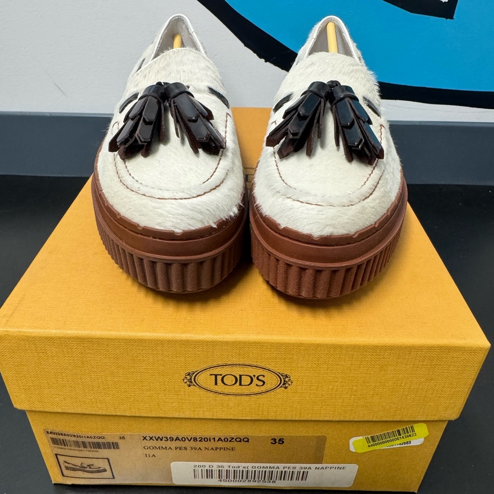 Tod's Cream and Brown Platform Tassel Loafers